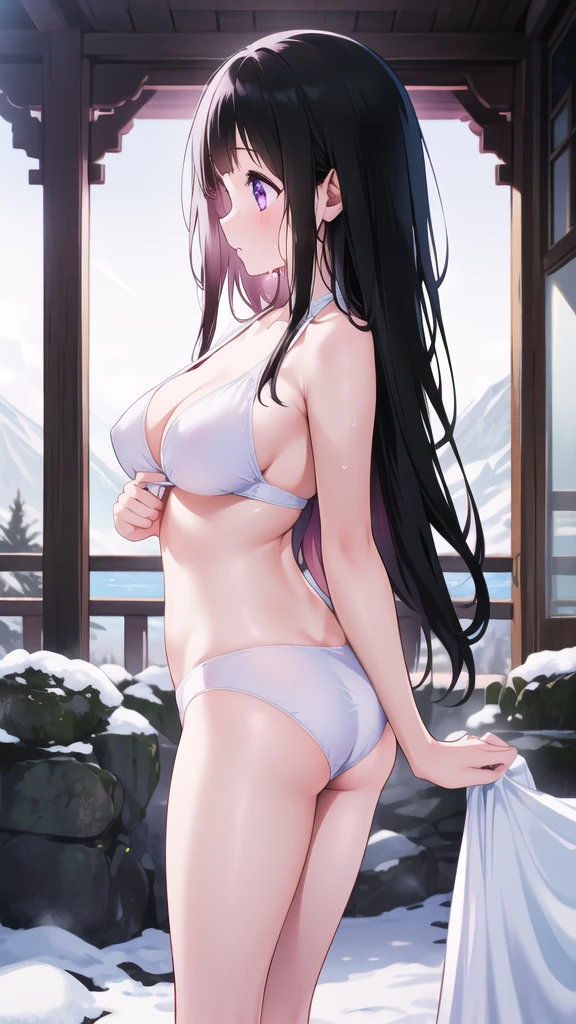 Chitanda,只有一个beautiful girl,Purple Eyes, Black Hair, Natural straight hair, Straight bangs,Extremely refined,open your lips,Face is so red,Very white skin,Skin as delicate as porcelain,Glowing skin,big eyes,Flowing long hair,beautiful girl, Like a dream,Slim,Slim waist,Soft, (Sensual), (Kawaii), Dream quality,Sweaty and sweaty,Wet skin,Side breasts,snowflake,Playing in the snow on the snow mountain,Handstand,White transparent bikini,Profile,(Completely naked),Gluteal groove,The outline of the breasts is visible through clothing,Completely naked的背部,nacked hip,very close,Deep V neckline,Loose neckline,Beautiful big breasts,No pants,nopan,no pants,Bare shoulders,There are no shoulder straps,Exposed collarbone,Delicate clavicle,Delicate hands and feet,Bare neck,There are no clothes around the neck,Bare thighs,Exposed groin,Camel toe,extremely shy,Ultra-high resolution, (masterpiece:1.2, best quality), (Delicate and beautiful eyes: 1.2), (Beautiful and delicate face)