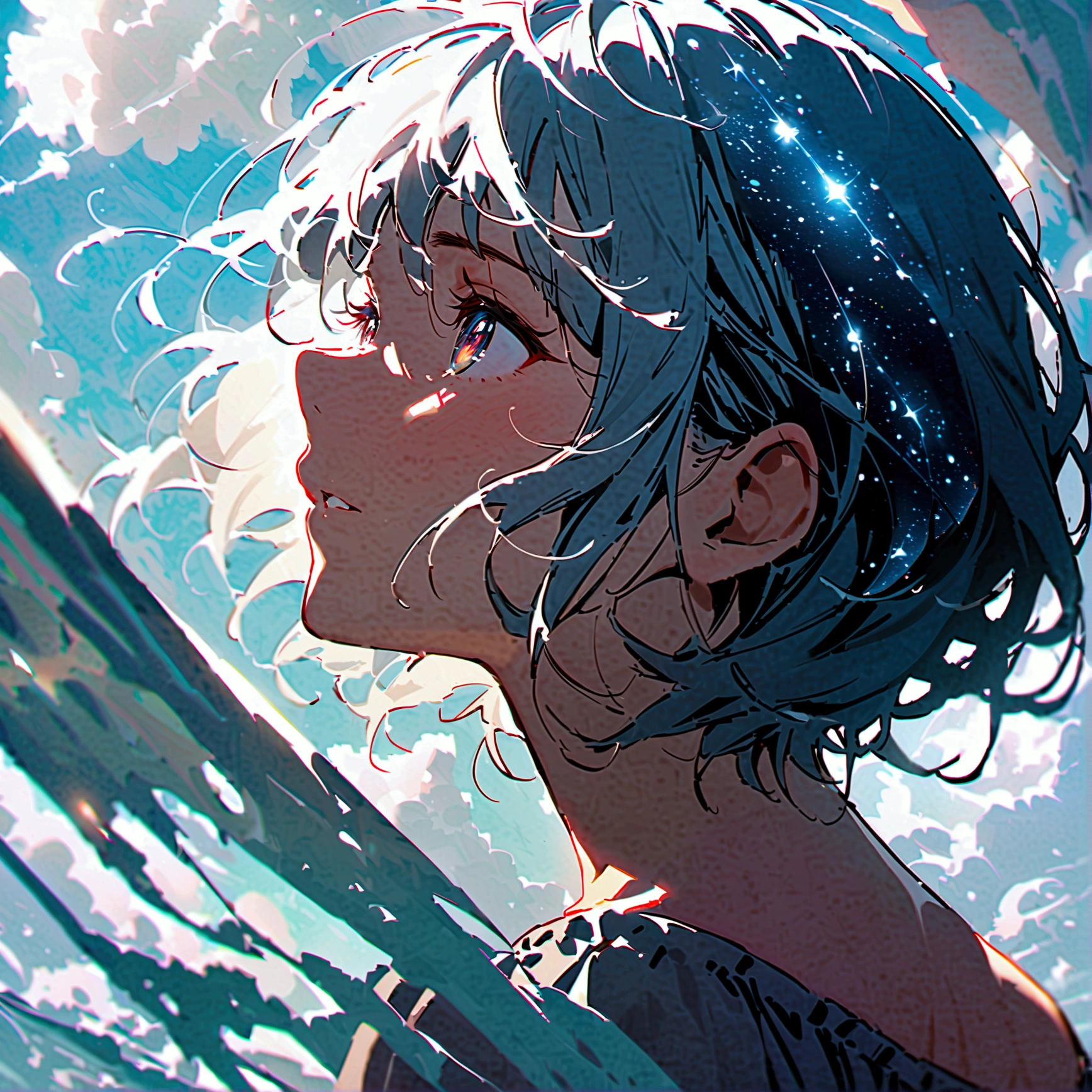 woman, Flowing silver short hair, Eyes of the Universe, Beautiful sky, Beautiful Clouds, In summer,Increased resolution、emotional expression、About life、Hard Life、possibility