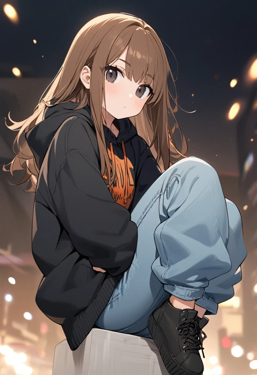 girl.Slightly long brown hair and black eyes.She wears a hoodie and baggy jeans