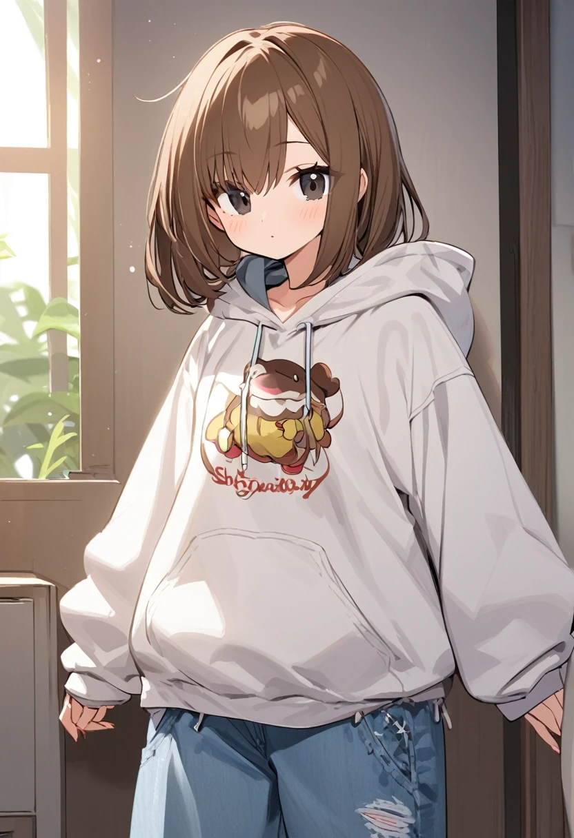 girl.Slightly long brown hair and black eyes.She wears a hoodie and baggy jeans