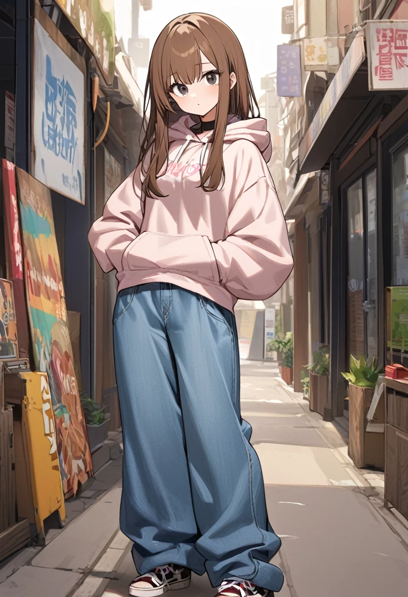 girl.Slightly long brown hair and black eyes.She wears a hoodie and baggy jeans 