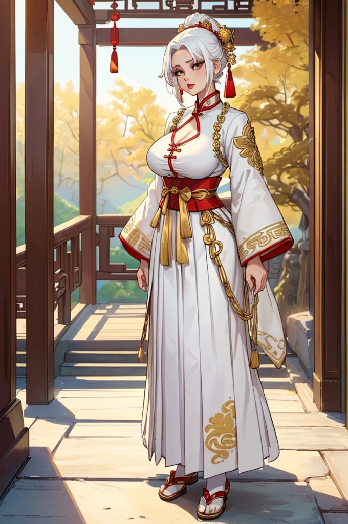 (masterpiece, best quality, high resolution, ((full body, standing,))((huge breasts)) ,1 woman, (ancient Chinese clothing, neckline, long pleated skirt, chiffon, gold chains, white Hanfu, gold embroidery), gameicon, white hair, chinese hairstyle, red lips, ((full body standing))
