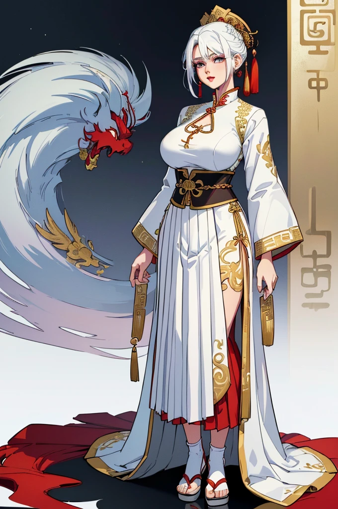 (masterpiece, best quality, high resolution, ((full body, standing,))((huge breasts)) ,1 woman, (ancient Chinese clothing, neckline, long pleated skirt, chiffon, gold chains, white Hanfu, gold embroidery), gameicon, white hair, chinese hairstyle, red lips, ((full body standing))