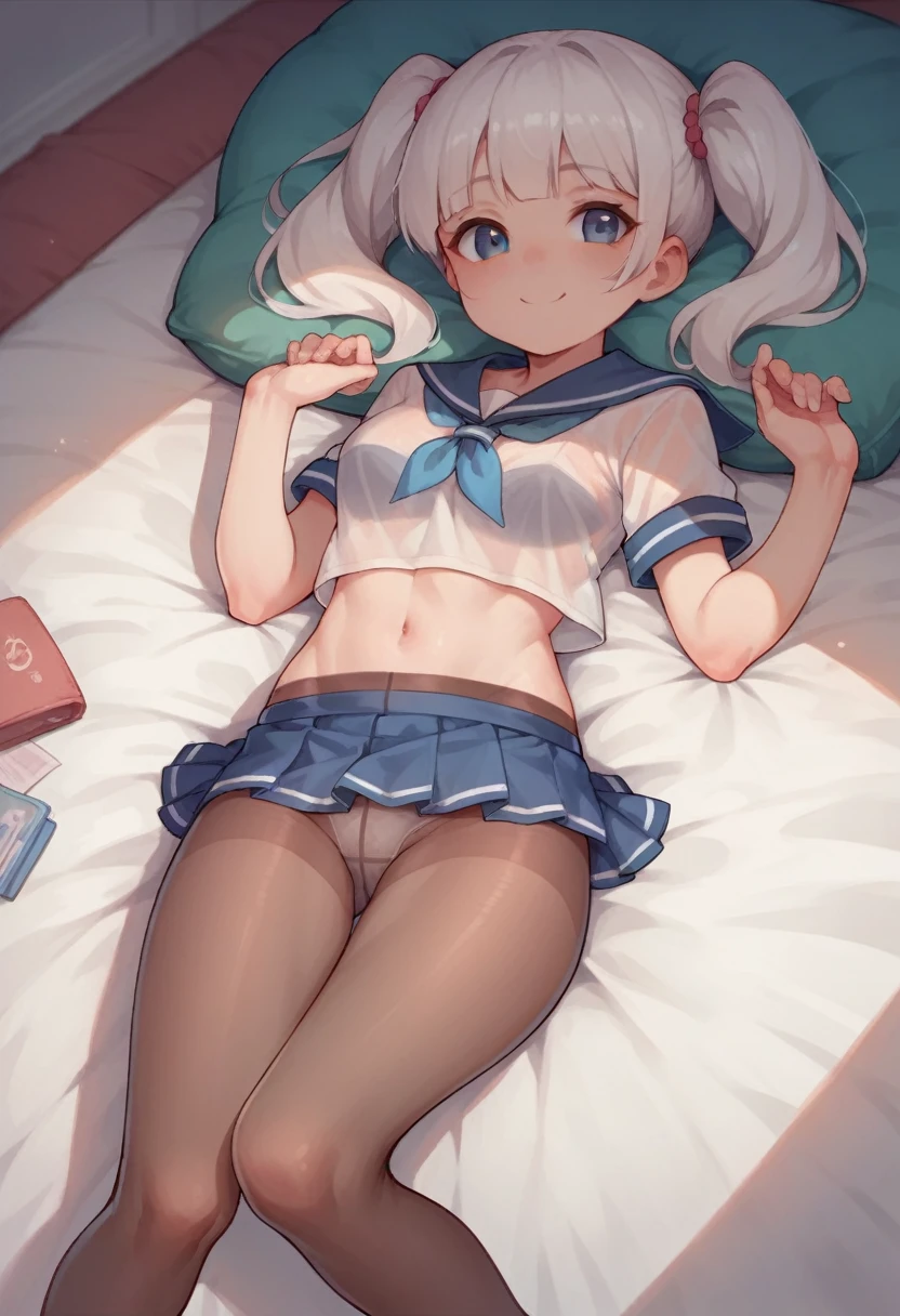 pantyhose,li,sailor,microskirt,cute,lying,lying,white hair,smile,crop top,see through,twintails,cleavage,panties under pantyhose