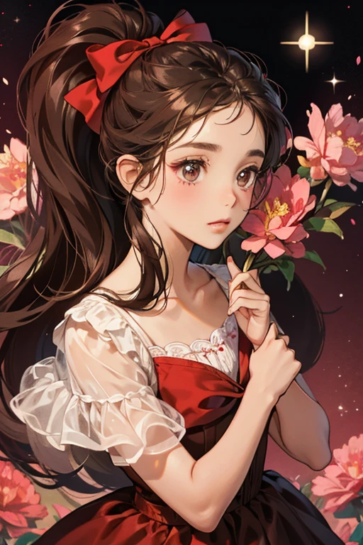 chocolate brown GIRL monkey with plain black eyes and small carnation pink cheeks. She has a small curl of hair worn up with a scarlet red bow. SPARKLE; GLITTER;