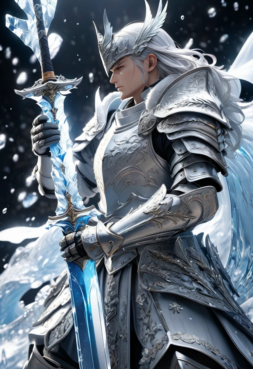 masterpiece, 8k, best quality, highly detailed, a warrior wearing wearing a knight's armor made of ice & white steel wielding curved sword made of ice & white steel