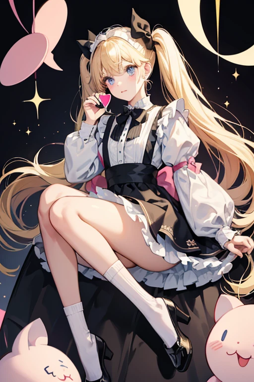 Alice is a fair-skinned doll with soft pink cheeks and black eyes. She has long blonde hair worn in pigtails tied with black bows on each pigtail and her bangs are a straight cut.
She has a white and blue striped blouse with a pastel blue skirt. On top is a small blue and white apron with the card suits printed on it: A red heart, black club, red diamond, and black spade. She also has black and white striped tights, white tube socks, and black Mary Jane shoes with blue bows on the top. SPARKLE; GLITTER;