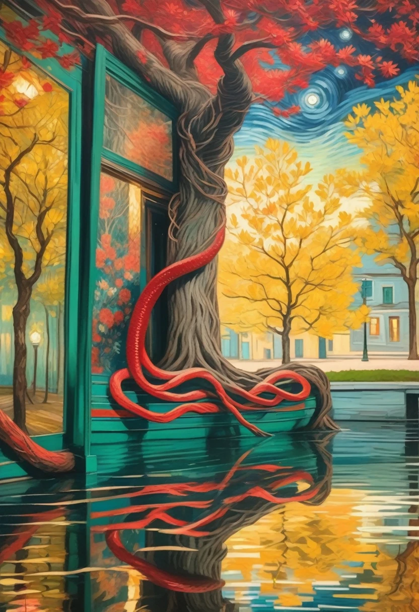 a painting, a sprawling tree branch has grown across the water's surface, its twisted limbs tangled with dark, crimson threads that seem to writhe like snakes. in the foreground, a fitting room door is set into the trunk of the gnarled tree, reflections, naive art, van gogh art style, stary night painting