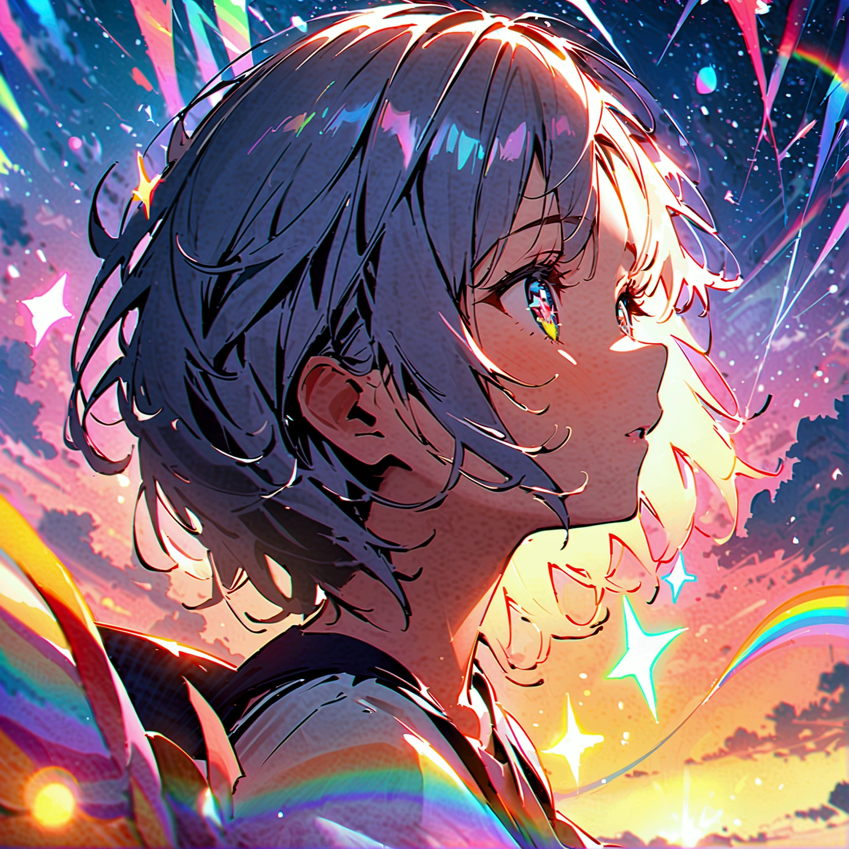 woman, Flowing silver short hair, Eyes of the Universe, Beautiful sky, Beautiful Clouds, In summer,Increased resolution、emotional expression、About life、Hard Life、possibility、masterpiece、girl、Rainbow colorsの髪、Sparkling eyes、Shining Background、Starry Sky Skiing、Rainbow colors