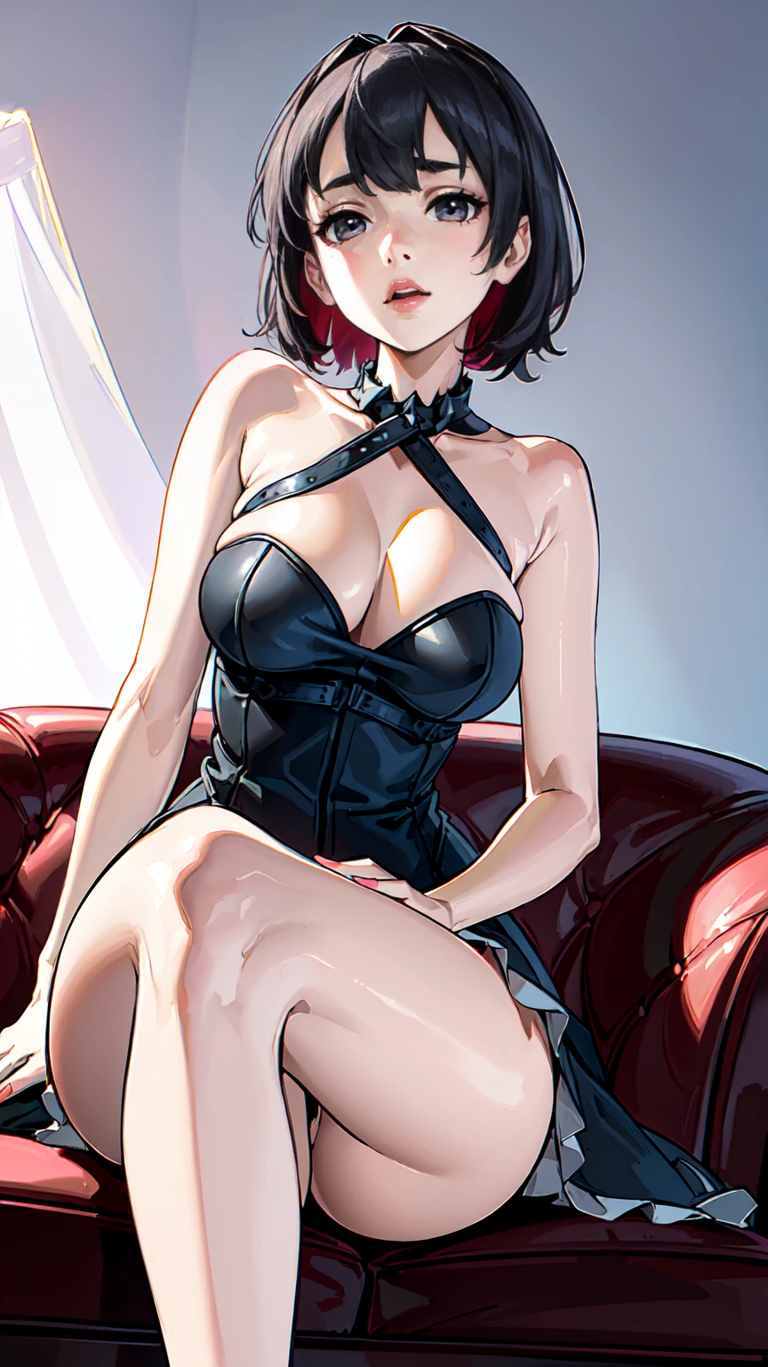 (Epic Showcase Designs in Detail)(Masterpiece, Best Quality, Ultra High Resolution , Digital Art,Beautiful and Aesthetic )Perfect proportions of the body , not an ordinary perspective . ( One Fashionable adult girl with a short oblique bob, slender figure, ) suit in professional performance , long tie , (silk thick threads of red color ) , . The character sits on a large massive leather sofa , an atmospheric pose ,( 2.5D style . realistic anatomy , beautiful perspective . Best image quality , pastel color , focus on the face , well detailed eyes , detailed background in boudoir style . )