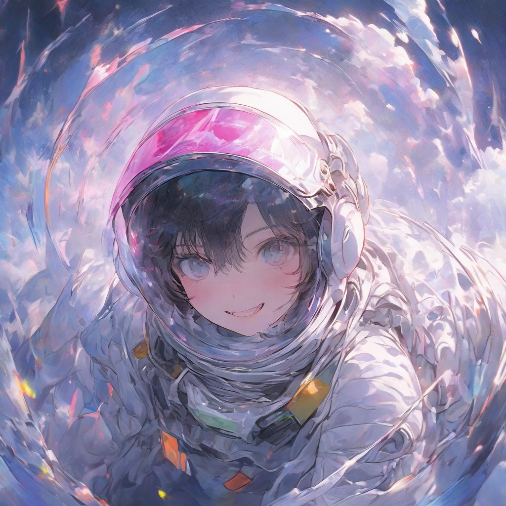 ((melhor qualidade)), ((Obra de arte)), (detalhado), (8k), The image is a square, vibrant album cover with a cosmic theme. In the center is an astronaut, dressed in a spacesuit complete with helmet and visor that reflects the surrounding purple tones. The astronaut's hands are on a DJ mixing console with multiple sound wave displays lighting up around him. The background is a gradient from pink to purple, enhancing the otherworldly atmosphere. In the center of the image is the title of the album “SLIDE MAGNIFICAL O2” by “MEDB”.