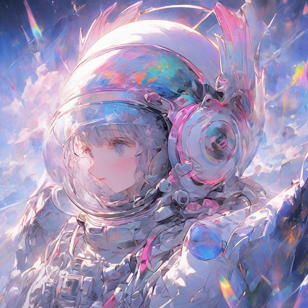 ((melhor qualidade)), ((Obra de arte)), (detalhado), (8k), The image is a square, vibrant album cover with a cosmic theme. In the center is an astronaut, dressed in a spacesuit complete with helmet and visor that reflects the surrounding purple tones. The astronaut's hands are on a DJ mixing console with multiple sound wave displays lighting up around him. The background is a gradient from pink to purple, enhancing the otherworldly atmosphere. In the center of the image is the title of the album “SLIDE MAGNIFICAL O2” by “MEDB”.