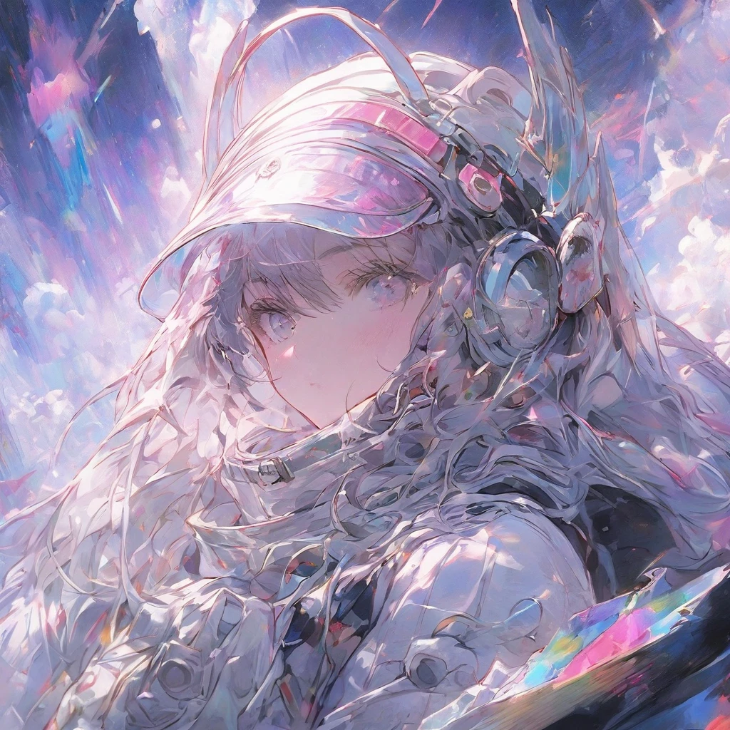 ((melhor qualidade)), ((Obra de arte)), (detalhado), (8k), The image is a square, vibrant album cover with a cosmic theme. In the center is an astronaut, dressed in a spacesuit complete with helmet and visor that reflects the surrounding purple tones. The astronaut's hands are on a DJ mixing console with multiple sound wave displays lighting up around him. The background is a gradient from pink to purple, enhancing the otherworldly atmosphere. In the center of the image is the title of the album “SLIDE MAGNIFICAL O2” by “MEDB”.