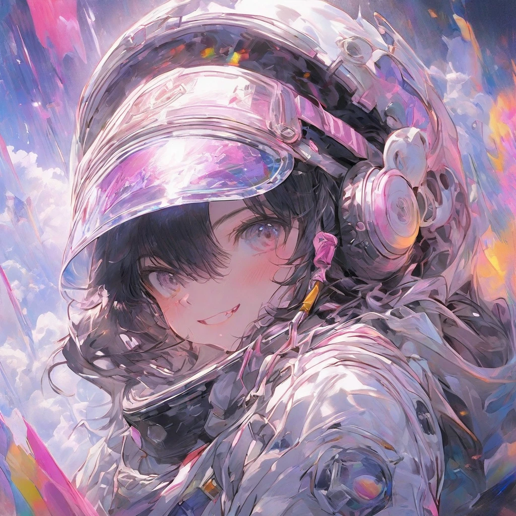((melhor qualidade)), ((Obra de arte)), (detalhado), (8k), The image is a square, vibrant album cover with a cosmic theme. In the center is an astronaut, dressed in a spacesuit complete with helmet and visor that reflects the surrounding purple tones. The astronaut's hands are on a DJ mixing console with multiple sound wave displays lighting up around him. The background is a gradient from pink to purple, enhancing the otherworldly atmosphere. In the center of the image is the title of the album “SLIDE MAGNIFICAL O2” by “MEDB”.