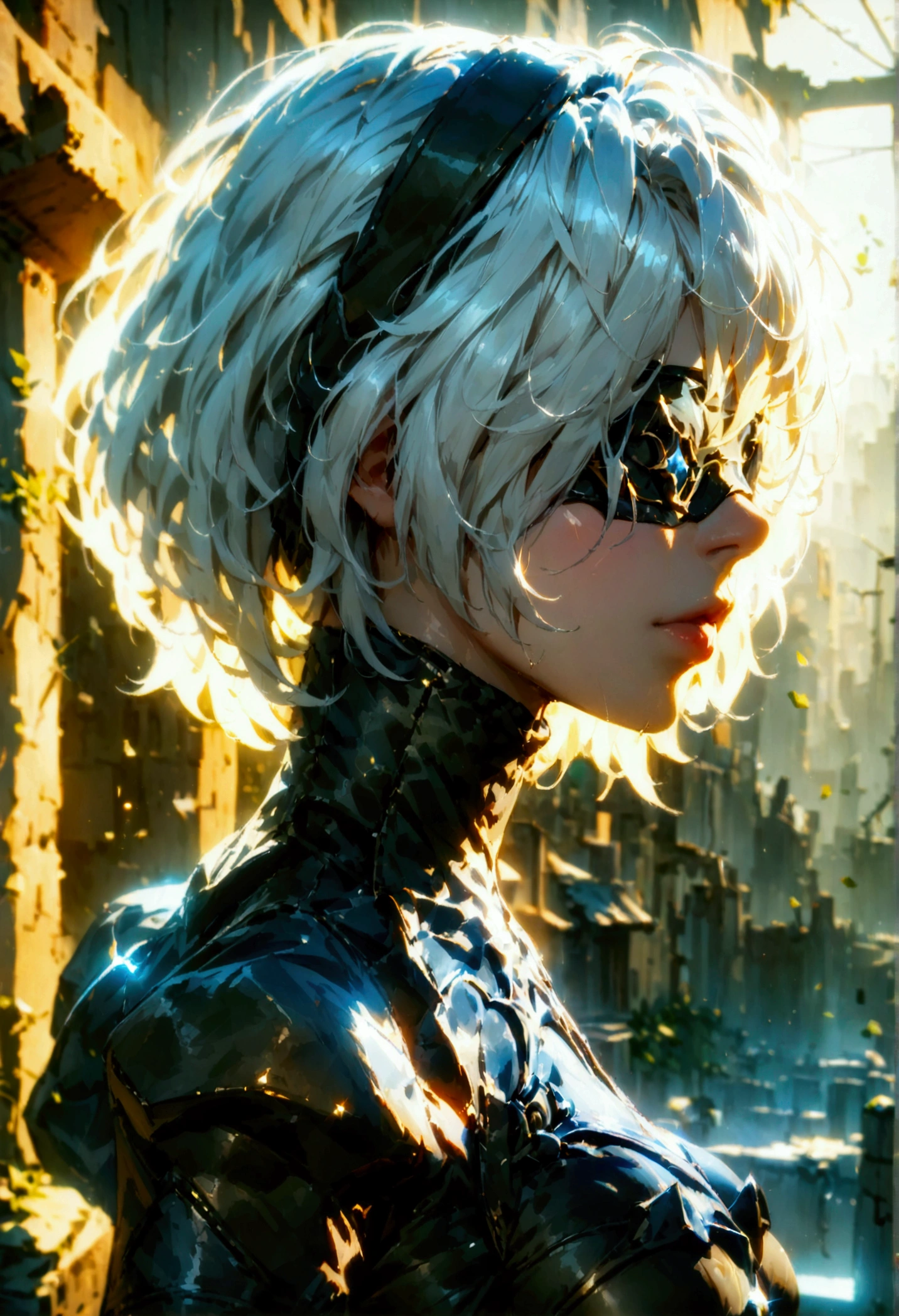 ((best qualityer)), ((work of art)), (very detailled:1.3), 2B in the ruins of a city in the forgotten war, Ancient Technology, Nier-Automata, standing, fully body, brandishing his sword, photographic essay, facefocus, Looking at the sky, hdr (high-range dynamics), ray tracing, nvidia RTX, super resolution, Irreal 5, underground dispersal, PBR Texture, Post-processing, Anisotropic filtering, Depth of field, Maximum sharpness and sharpness, multi-layered texture, albedo and highlight maps, Surface shading, Accurate simulation of interactions between light materials, perfect proportions, octane rendering, duotone lighting, Low ISO, White balance, rule of thirds, large aperture, 8K CRU, efficient sub-pixels, subpixel convolution, Luminescent particles, light scattering, Tyndall effect