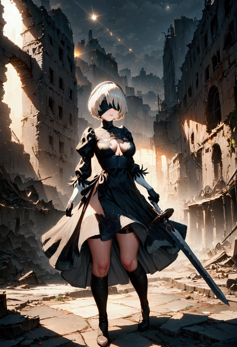 ((best qualityer)), ((work of art)), (very detailled:1.3), 2B in the ruins of a city in the forgotten war, Ancient Technology, Nier-Automata, standing, fully body, brandishing his sword, photographic essay, facefocus, Looking at the sky, hdr (high-range dynamics), ray tracing, nvidia RTX, super resolution, Irreal 5, underground dispersal, PBR Texture, Post-processing, Anisotropic filtering, Depth of field, Maximum sharpness and sharpness, multi-layered texture, albedo and highlight maps, Surface shading, Accurate simulation of interactions between light materials, perfect proportions, octane rendering, duotone lighting, Low ISO, White balance, rule of thirds, large aperture, 8K CRU, efficient sub-pixels, subpixel convolution, Luminescent particles, light scattering, Tyndall effect