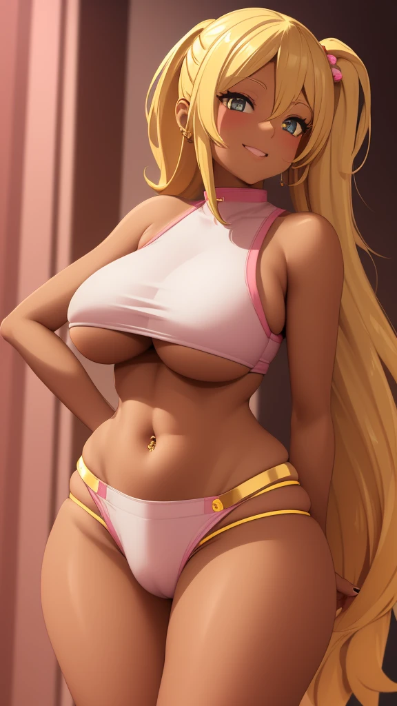 1 girl, golden blonde hair, golden eyes, very tan skin, solo, gyaru, shoulder length hair, high ponytail, curvy, very wide hips, large ass, narrow waist, thick thighs, very huge breasts, Pink crop top, Pink booty shorts, flirty smile, navel piercing, navel, underboob