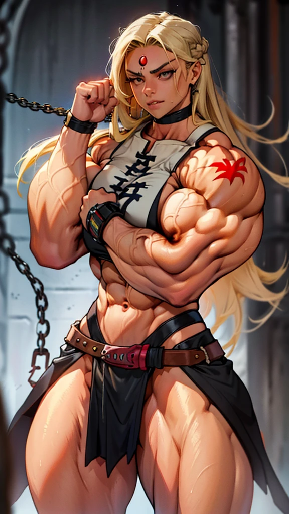 An opai woman,Barba,hair blonde, long hair，Muscle，anger, g-string, in a cage, slave, chained, good looking, Facial spots, Tighten your face, Eyes red, two hands, forehead tattoo, many chains, chained on neck, musclegirl , mulher extremamente musclegirl, Huge body, extremely muscular arms, huge woman, muito musclegirl,
