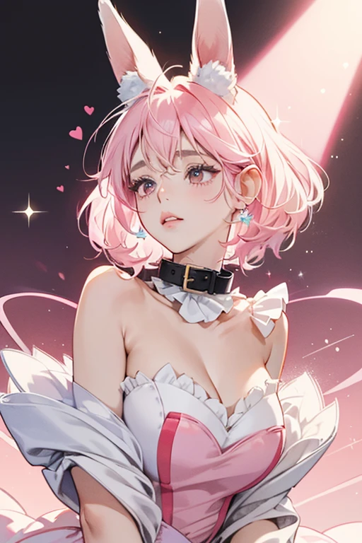  rabbit is white with black eyes and very thin black whiskers.  pink nose is shaped like a heart. HER cheeks and inner ear coloring are pastel pink. SHE wears a white ruffled collar and has a red heart-shaped patch SPARKLE; GLITTER;