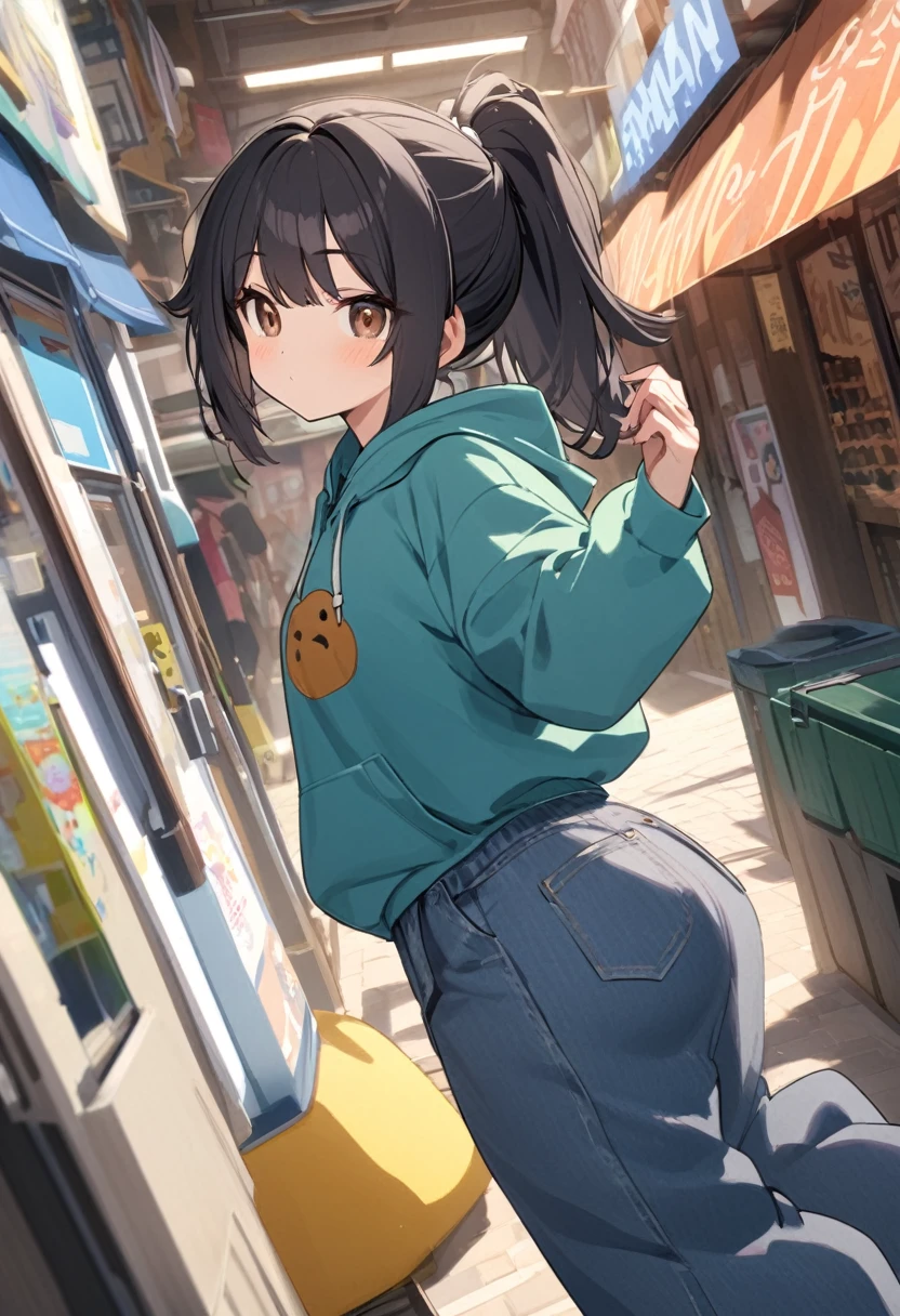 girl.Black hair, ponytail, and brown eyes.She wears a hoodie and baggy jeans