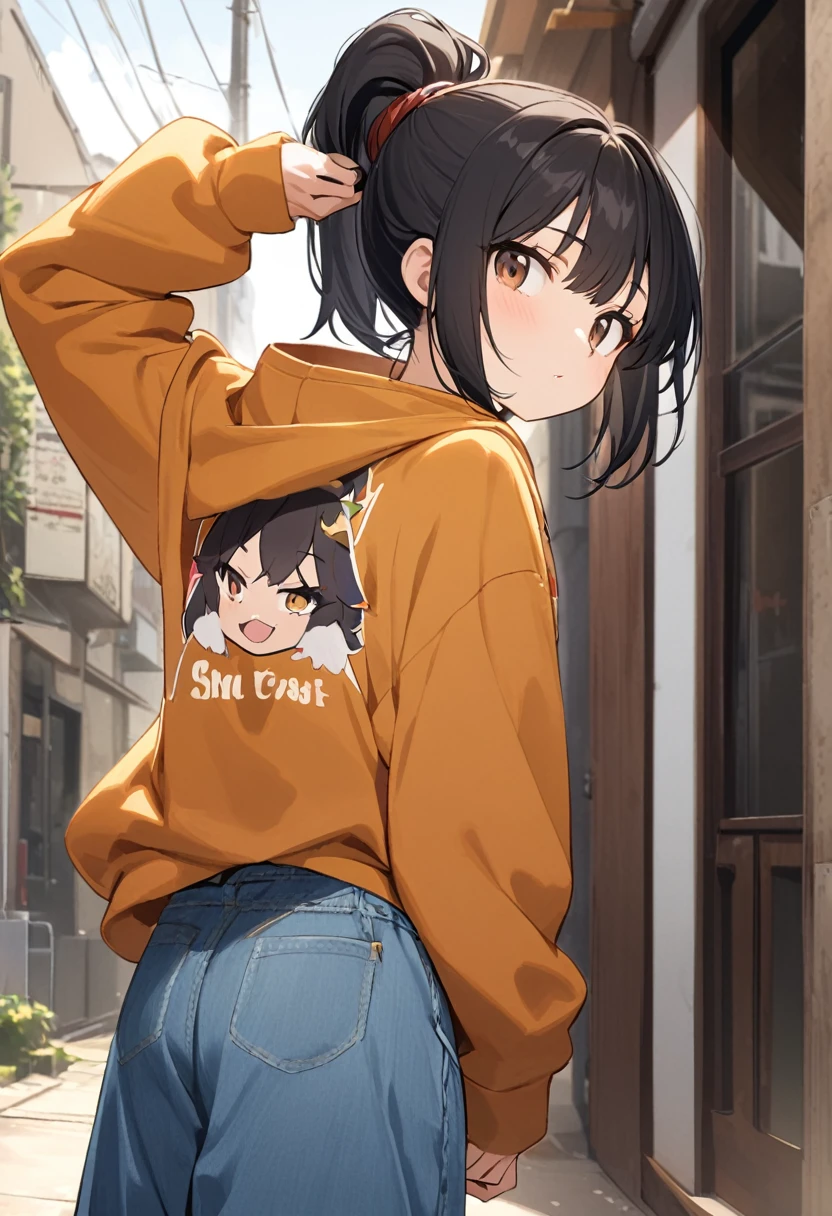 girl.Black hair, ponytail, and brown eyes.She wears a hoodie and baggy jeans