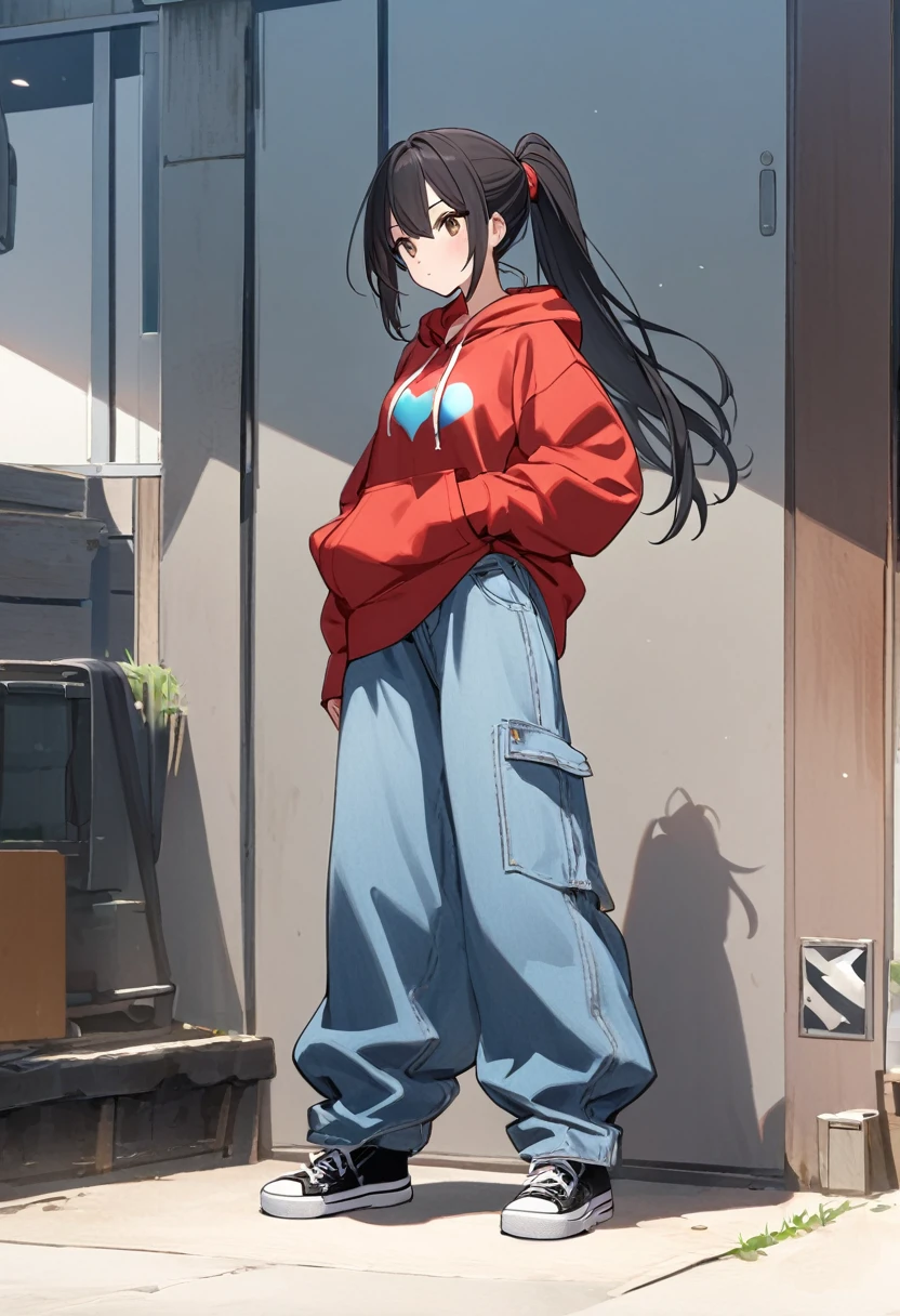 girl.Black hair, ponytail, and brown eyes.She wears a hoodie and baggy jeans