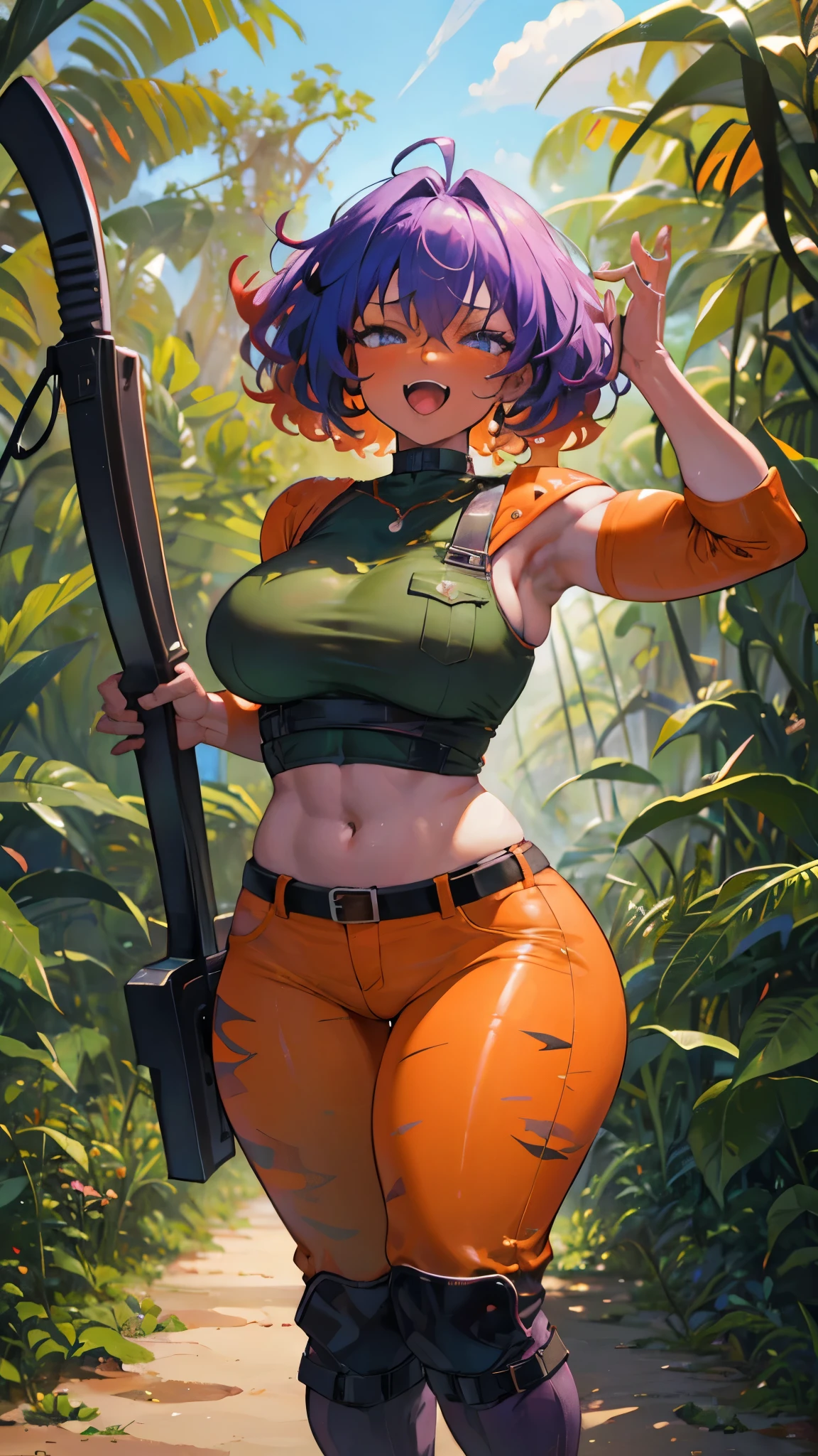 curvy woman, crazy expression, bullet belt crossing her torso, holding two machetes, camouflage pants, orange and violet hair, broken muscles, dark skin, curly hair, pronounced hips, thick thighs, flat abdomen, background of the Amazon jungle , high definition, RTX lighting, full body focus.