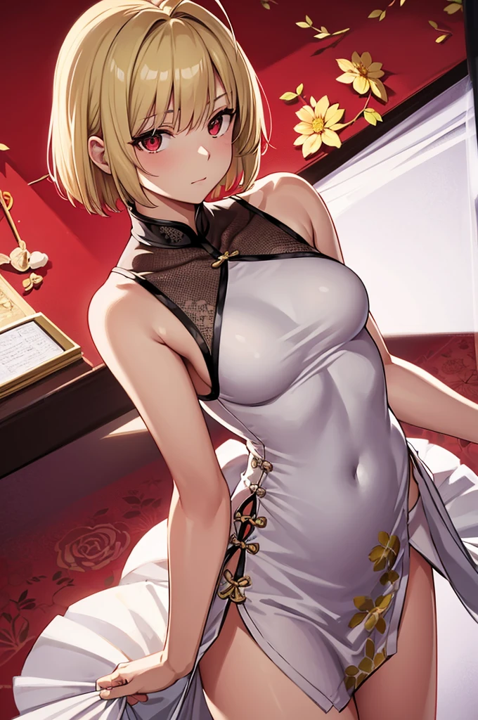 arcueid brunestud, 1girl, solo, breasts, looking at viewer, short hair, bangs, blonde hair, simple background, red eyes, white background, dress, bare shoulders, medium breasts, closed mouth, thighs, sleeveless, alternate costume, white dress, bare arms, sleeveless dress, chinese clothes, hair intakes, floral print, antenna hair, china dress, pelvic curtain, side slit, leaf print