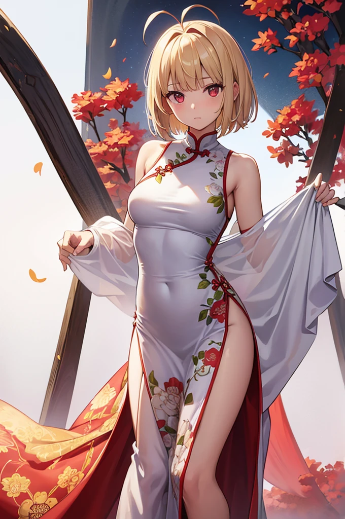 月が照らすnight、超detailed、Transcendently beautiful、Open chest, Wheat-colored flutter、Elf、Portrait of a beautiful 20-year-old girl,night、The dark light shines、A view of the World Tree in the distance , detailedな背景画、Dark Forest、Blue Eyes, detailedな目、detailedな手脚、Red, orange and green particles、Bright red lips, (masterpiece) (Highest quality) (detailed) (8K) (High resolution) (Cinema Lighting) (Sharp focus)、alone、Blonde、short hair、((blush: 0.8)), Natural skin texture, Transparent skin、Delicate body, hair ornaments、