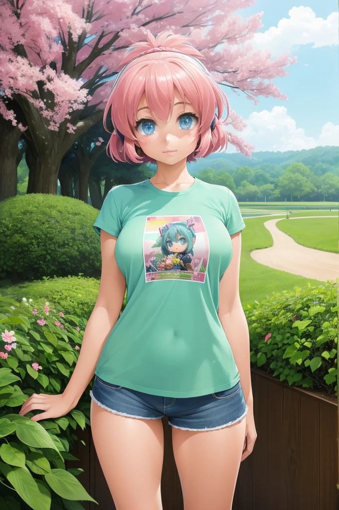 2d, masterpiece, best quality, anime, highly detailed face, highly detailed background, perfect lighting, lola, blue eyes, green_hair, cityscape, full_body, solo, solo focus, t-shirt, shorts, colorful auspicious clouds, sakura, leaf, tree, waterfall, acorn, soil, blurry_foreground, 1girl, day, painting, depth_of_field, blurry, (best quality), ((masterpiece)), cute anime girl, green hair, short hair, pink t-shirt, cutout above navel, blue denim shorts, black boots, forest, c(lean detailed faces), analogous colors, beautiful gradient, clean image, high quality, high detail, high definition, cute face, 4k resolution, full body, ultra sharp focus, extremely detailed eyes, blue eyes, detailed symmetric realistic face, extremely detailed natural texture, perfectly centered medium upper shot, nikon d850 film stock photograph, kodak portra 400 camera f1.6 lens, extremely detailed, amazing, fine detail, rich colors, one body, fully clothed, face, head in frame, body in frame, good proportions, smiling, android heroine, vivid color.digital 2d, anime manga robot! anime girl, fully robotic!! girl, nanogirlv 2, symphogear, fully robotic!!, mikudayo, masterpiece, best quality, reeds, lens flare, shade, bloom, official artwork