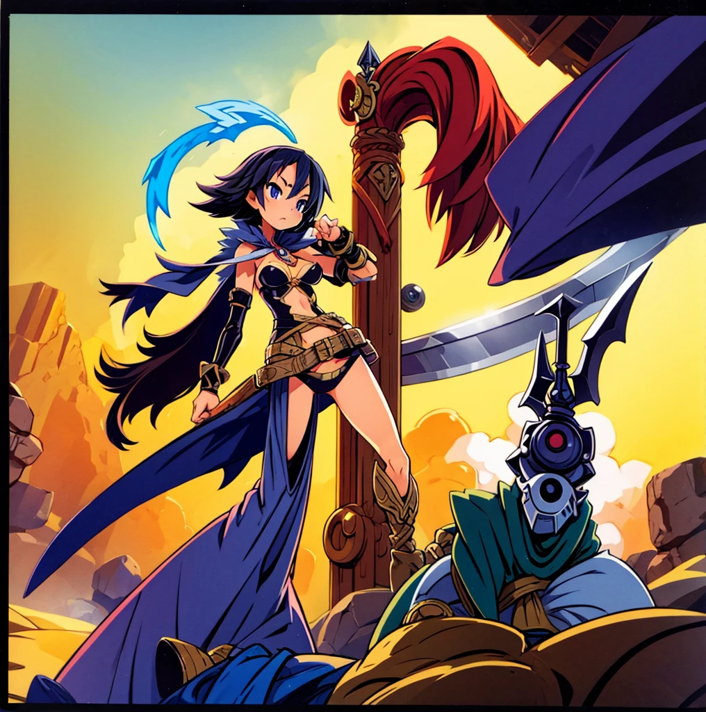 an animated character is in the background of a video game screener and an image of a girl in an with a sword on her shoulder and her breasts spread out