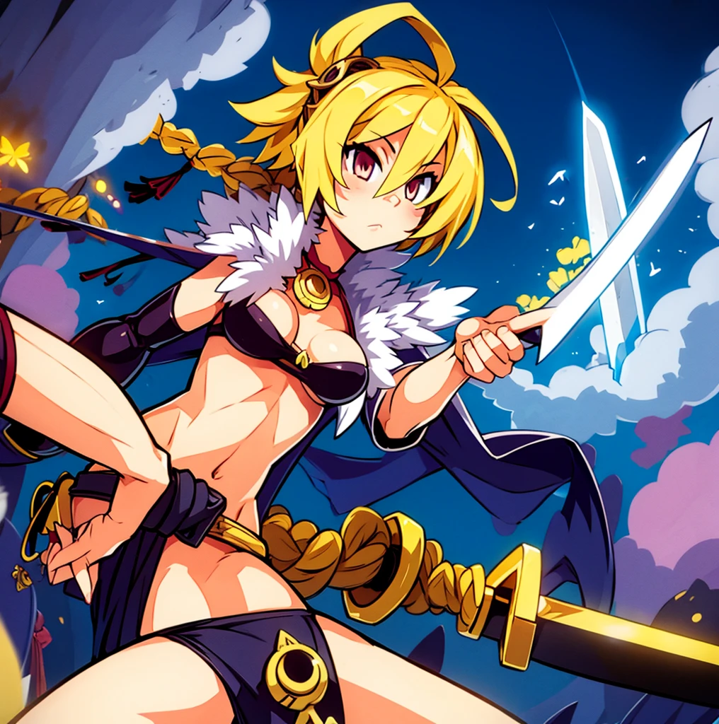 an animated character is in the background of a video game screener and an image of a girl in an with a sword on her shoulder and her breasts spread out