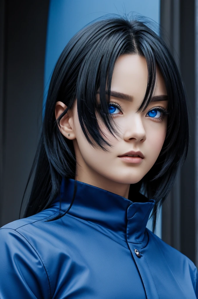 Black haired villain blue eyes blue clothing anime anime