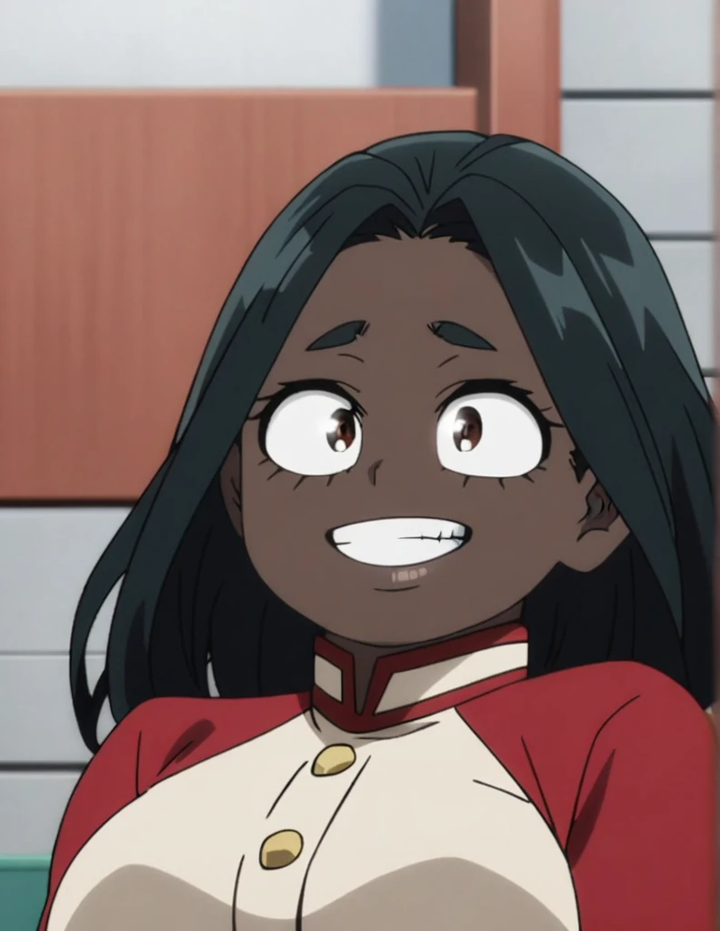 1girl, female focus, my hero academia screencap, boku no hero academia,(my hero academia),african american,darkskin,black skin,black hair,long hair,plump lips,brown eyes,uniform,smile,happy,screenshot