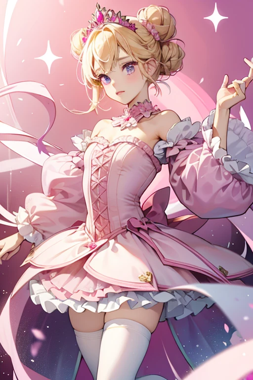 Allegra is a fair-skinned girl with pale pink cheeks and black button eyes. She has blonde hair tied into a large curly bun at the center of her head, held with a fuchsia tiara with six starburst shapes on the tip of each point.
She wears a pink dress with pink silk material at the center, beneath pastel pink-white string. Lining the torso is gold material. The skirt is a two-layered tutu of pink with small dots. On top of the skirt is a piece of stuffed up material on both sides of the hip. Her sleeves are pink tulle to match the top tutu. Her shoes are pastel pink ballerina shoes with fuchsia footing & hot pink platform that has pale pink stylized heel along with lilac tights. SPARKLE; GLITTER;