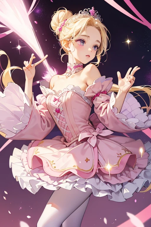 Allegra is a fair-skinned girl with pale pink cheeks and black button eyes. She has blonde hair tied into a large curly bun at the center of her head, held with a fuchsia tiara with six starburst shapes on the tip of each point.

She wears a pink dress with pink silk material at the center, beneath pastel pink-white string. Lining the torso is gold material. The skirt is a two-layered tutu of pink with small dots. On top of the skirt is a piece of stuffed up material on both sides of the hip. Her sleeves are pink tulle to match the top tutu. Her shoes are pastel pink ballerina shoes with fuchsia footing & hot pink platform that has pale pink stylized heel along with lilac tights. SPARKLE; GLITTER;