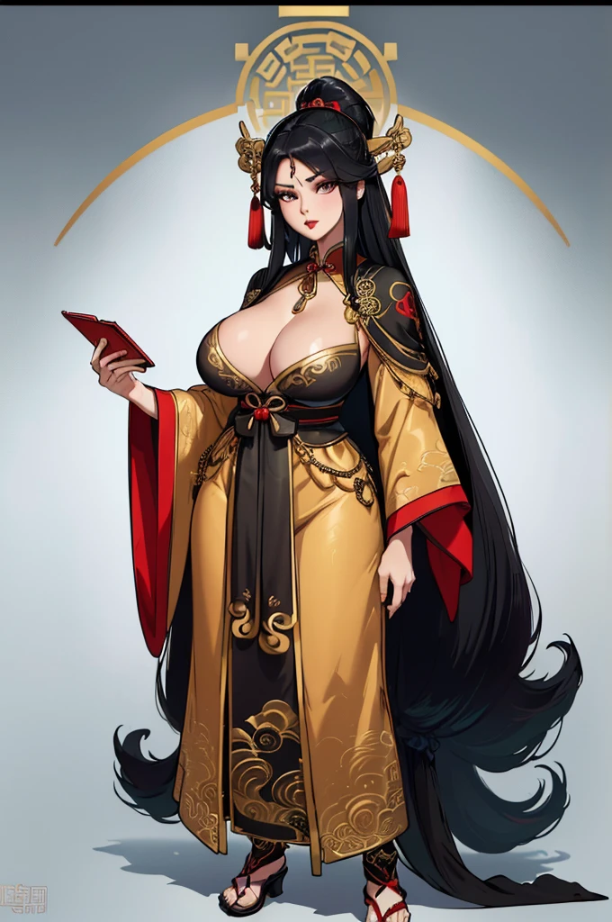(masterpiece, best quality, high resolution, ((full body, standing,))((huge breasts)) ,1 woman, (sexy ancient Chinese clothing, neckline, chiffon, gold chains, black Hanfu, embroidery gold), long black fur cape, gameicon, very long black hair, Chinese hairstyle, red lips, ((full body standing))