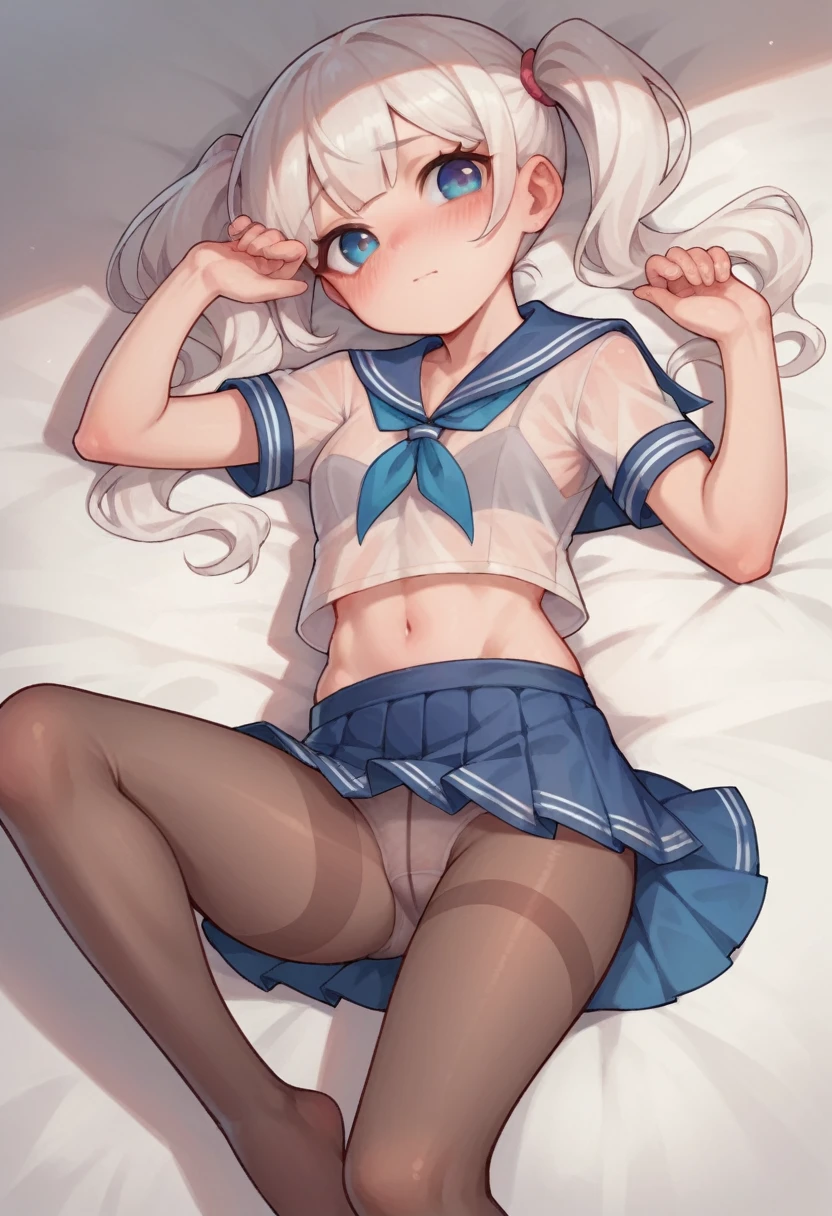 pantyhose,li,sailor,microskirt,cute,lying,lying,white hair,blush,crop top,see through,twintails,cleavage,panties under pantyhose,craxy eyes