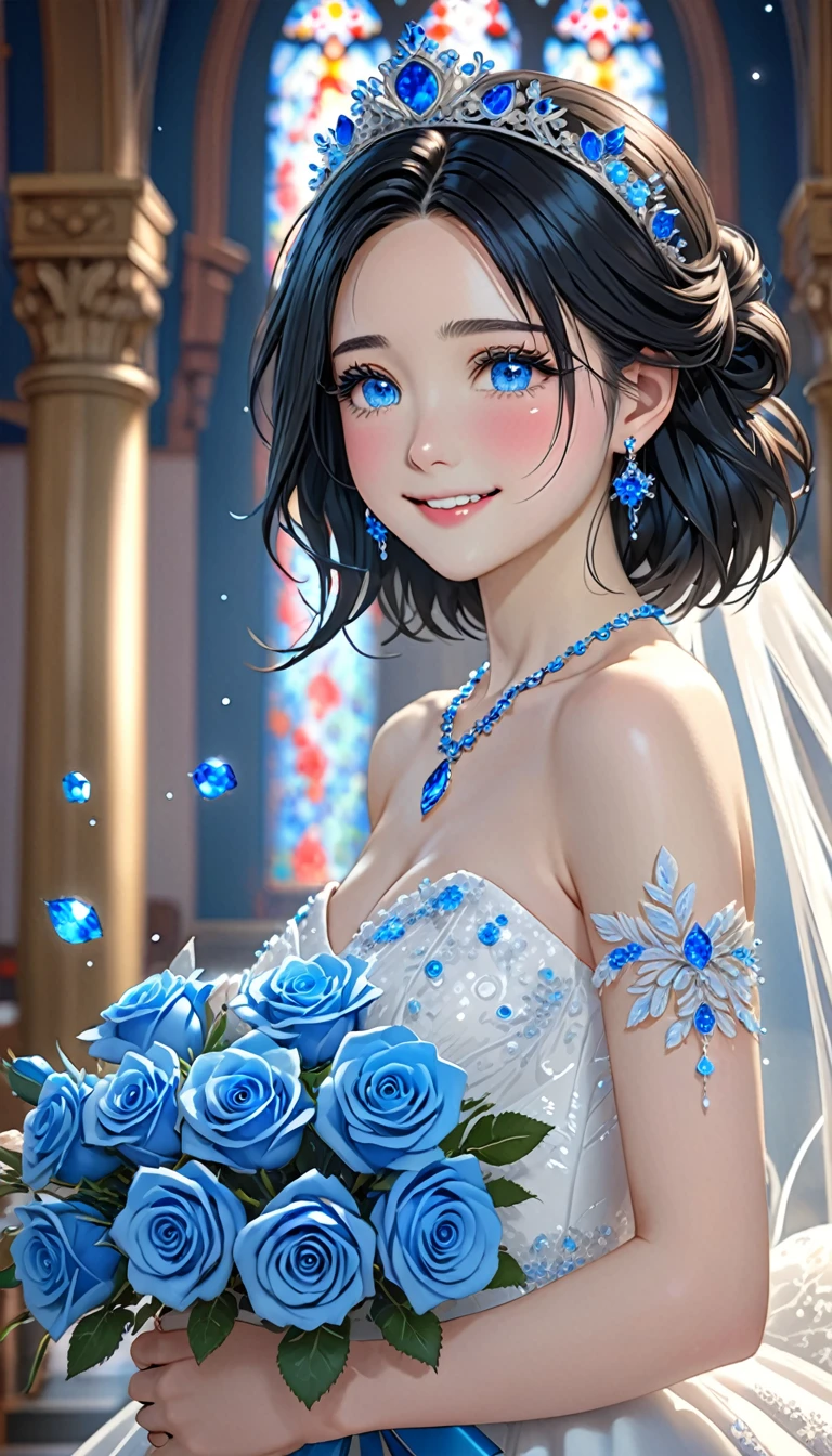 National Science Foundation,masterpiece,High resolution,8K,art,refer to,3D,realism,Kyoto Animation Style,Your Name movie style,cute,Baby Face,Looking into the camera,Intricate blue rose flower background,(1 female: 1.3),(alone: 1.4),(Gorgeous sparkling white wedding dress),(Blue Swarovski crystals on wedding dress),Gorgeous blue crystal crown,blue crystal necklace,blue crystal earrings,Red Crystal Ring,Hand holding a bouquet of blue roses,Long eyelashes,Long, slender legs,(((Black Hair))),(Long Bob),semi long hair style,光沢のあるBlack Hair,close of upper body,(((medium shot))),In a bright church,Eyes that shine like stars,(((Pale blue eyes))),blush,shy,smile,Crying with happiness