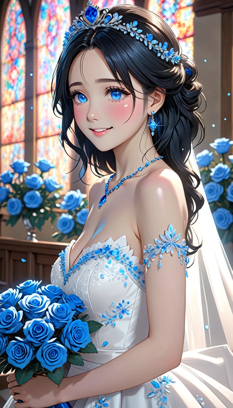 National Science Foundation,masterpiece,High resolution,8K,art,refer to,3D,realism,Kyoto Animation Style,Your Name movie style,cute,Baby Face,Looking into the camera,Intricate blue rose flower background,(1 female: 1.3),(alone: 1.4),(Gorgeous sparkling white wedding dress),(Blue Swarovski crystals on wedding dress),Gorgeous blue crystal crown,blue crystal necklace,blue crystal earrings,Red Crystal Ring,Hand holding a bouquet of blue roses,Long eyelashes,Long, slender legs,(((Black Hair))),(Long Bob),semi long hair style,光沢のあるBlack Hair,close of upper body,(((medium shot))),In a bright church,Eyes that shine like stars,(((Pale blue eyes))),blush,shy,smile,Crying with happiness