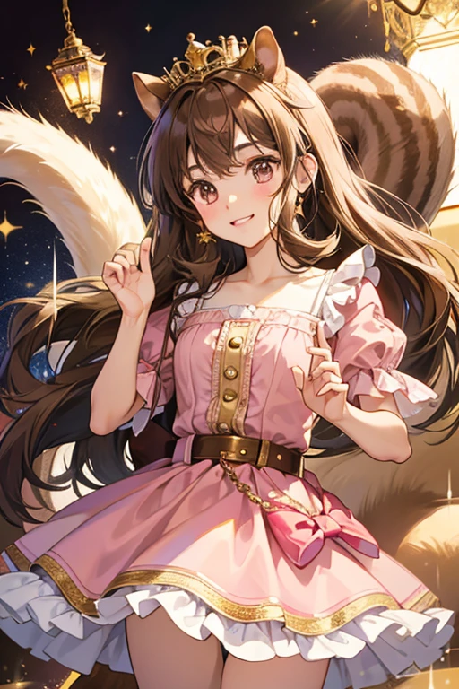 GIRL brown squirrel with a light brown face and a black nose and eyes. She wears a pink tutu skirt and a gold crown. SPARKLE; GLITTER;