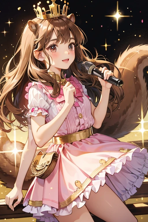 GIRL brown squirrel with a light brown face and a black nose and eyes. She wears a pink tutu skirt and a gold crown. SPARKLE; GLITTER;