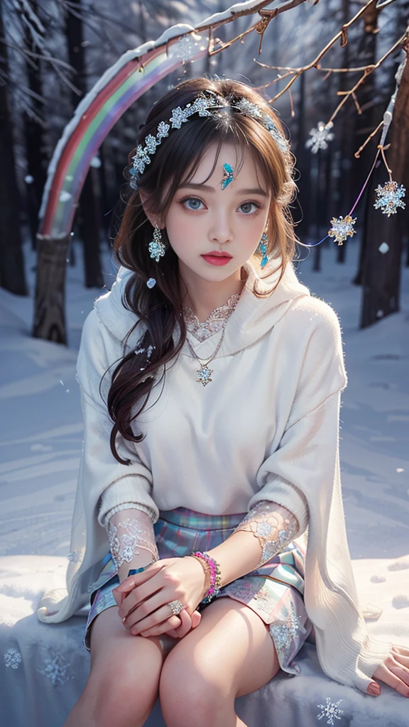 8K, masterpiece, 1 girl, Pretty Face, Very long hair, Light makeup, Delicate eyes, Delicate lips, Small bust, Winter Clothing, Rainbow Skirt, (Wearing Jewelry:1.8), (Rainbow Lace:1.4), ((Snowflakes falling:1.4)), sit,