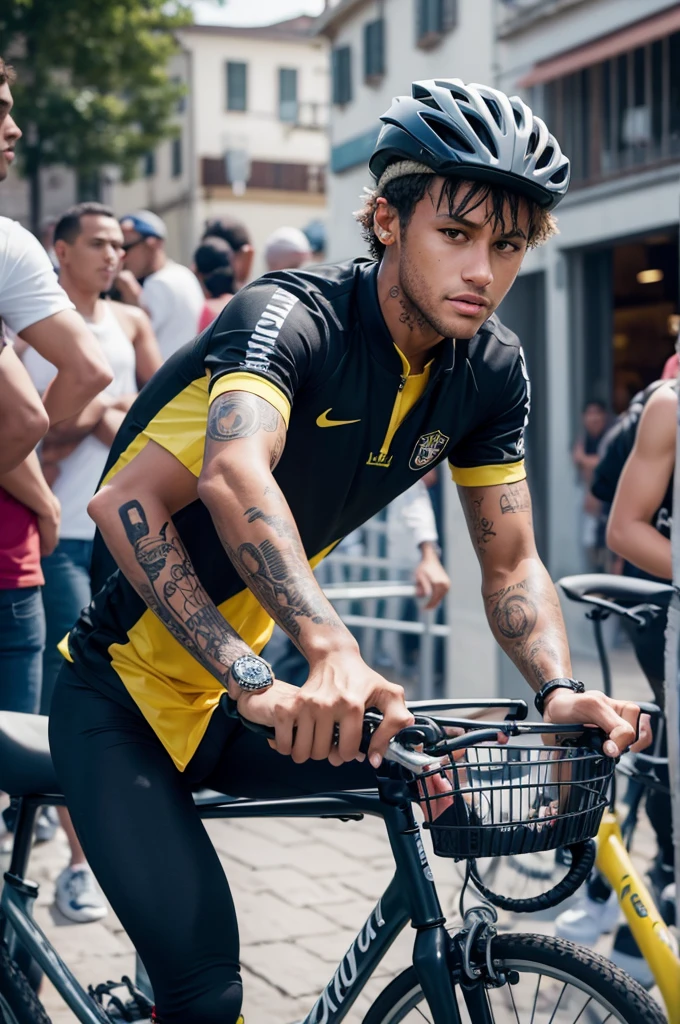 Create a perfect image of Neymar riding a bike in the crowded Belmiro village