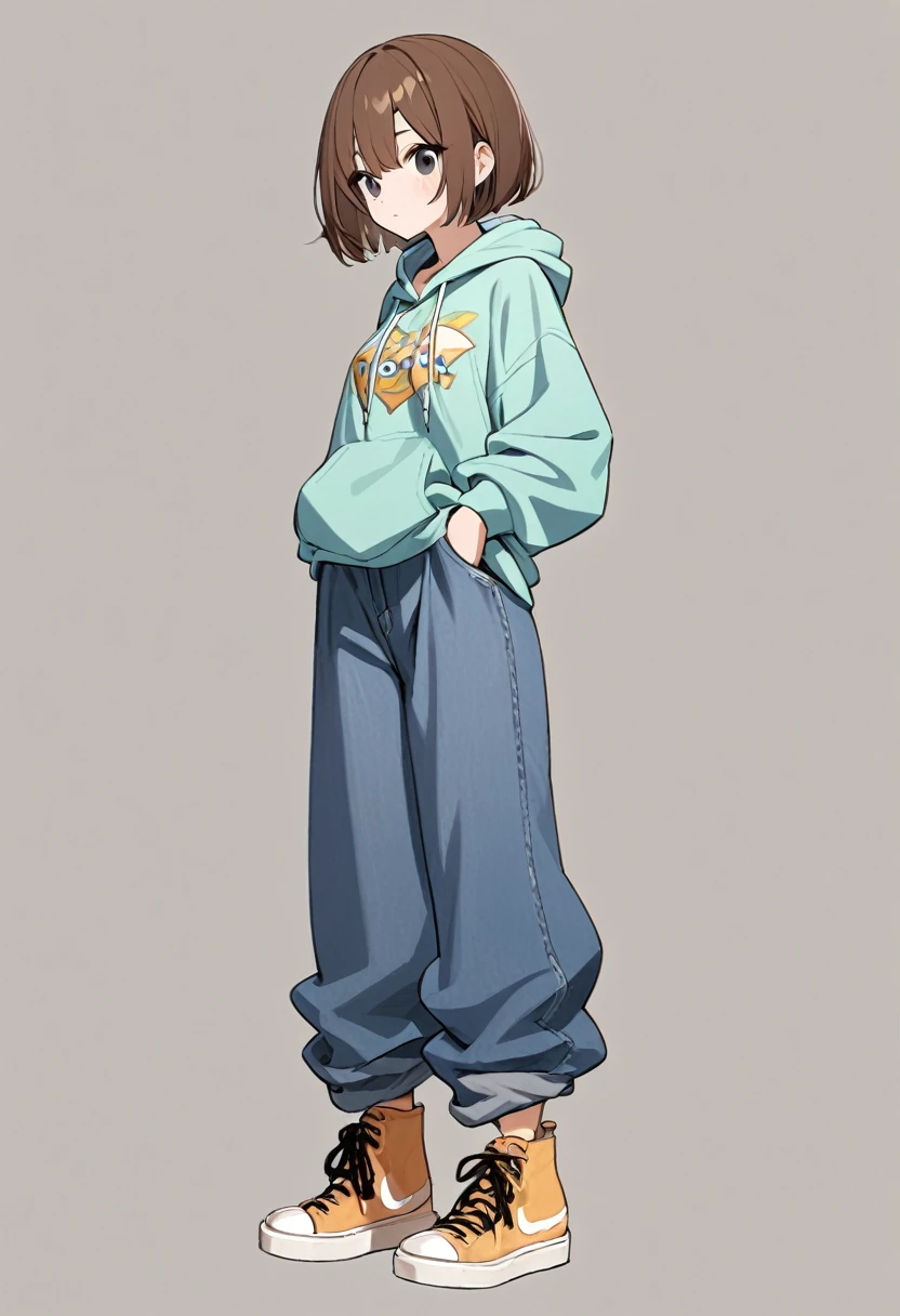 girl.Short brown hair and black eyes.She wears a hoodie and baggy jeans