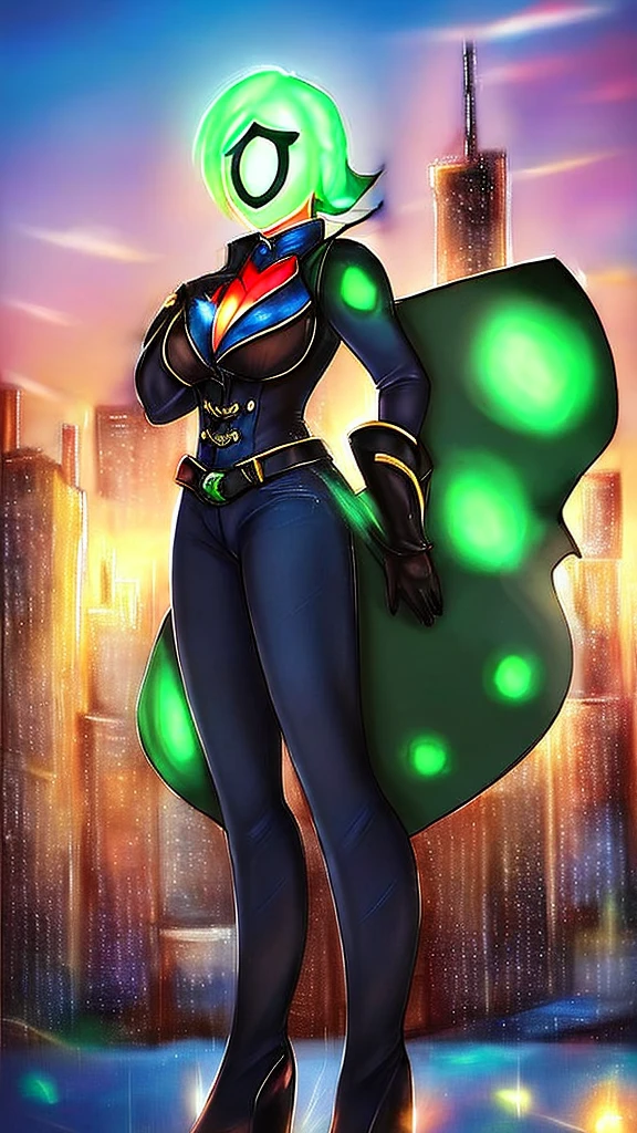 masterpiece, best quality, 1girl, black hair, blue eyes, green lantern costume, white gloves, cityscape background