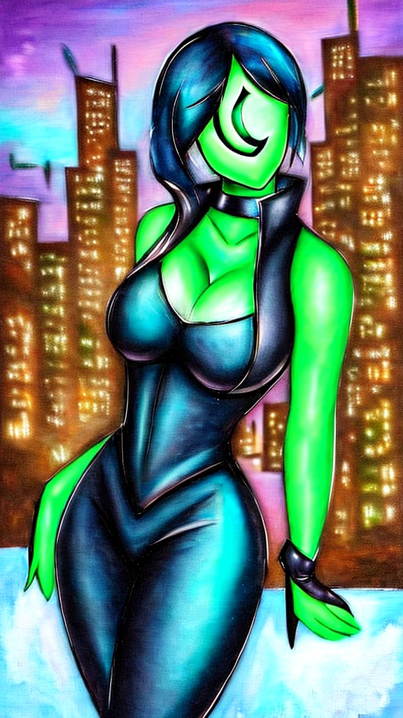 Woman with green skin, purple scarf, simple low-cut dress lemon green miniskirt, printed dress, dark green hair, big breasts, beautiful legs, large eyes, cyberpunk background, big green eyelashes, purple sneakers, licras addresses, 