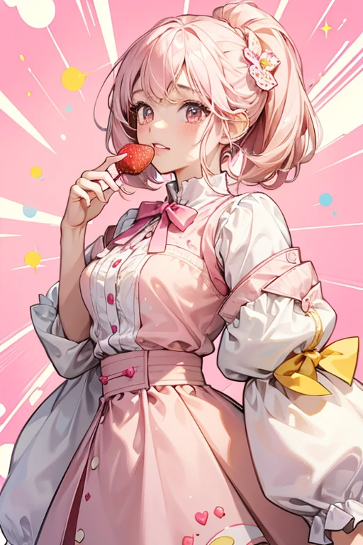 Anna is a tan-skinned girl with pink cheeks and black button eyes. She has white hair with swirls all the way up, similar to vanilla ice cream. In her hair is a red cherry on top, some pink sprinkles and two yellow lollipops. Her shirt is light brown with pink syrup oozing down it, and yellow sleeves. Her skirt is pink (similar to strawberry ice cream) with chocolate syrup and sprinkles rushing down it. SPARKLE; GLITTER;