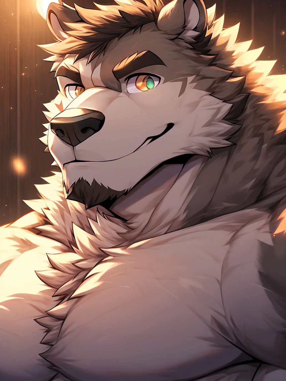 25-year-old male, close up, (((Chest muscles))), neck, Shoulder,Detailed eyes, Smile, Soft headlight, glow, (Soft colors:1.2)