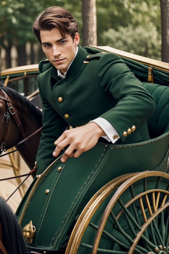 Attractive man, long eyelashes, green eyes, english carriage. Make him look like a prince